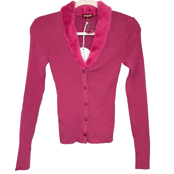 STAUD Celina Faux Fur Collar Rib Knit Top In Lollipop Size S - Picture 3 of 5